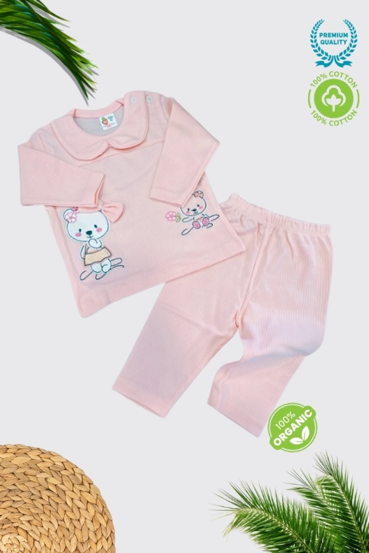 %100 Pamuklu Ayıcık Figürlü Kız Bebek Alt Üst Takım