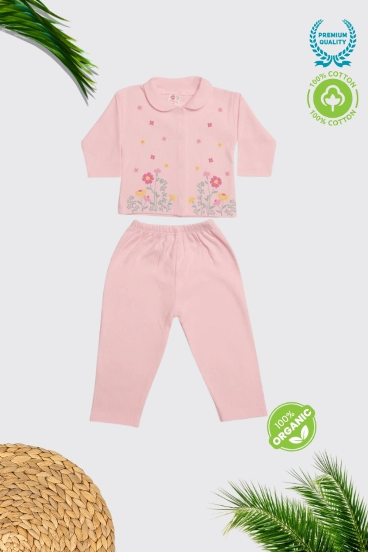 %100 Pamuklu Çiçekli Figürlü Kız Bebek Alt Üst Takım