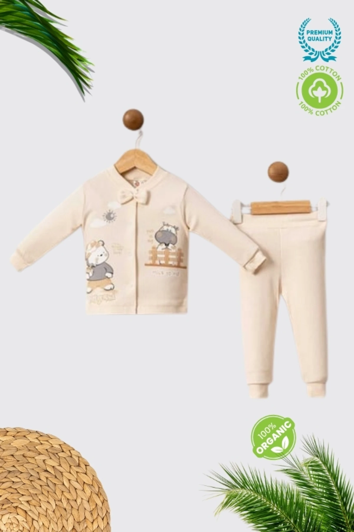 %100 Pamuklu İnek-Ayıcık Figür Baskılı Bebek Alt Üst Takım