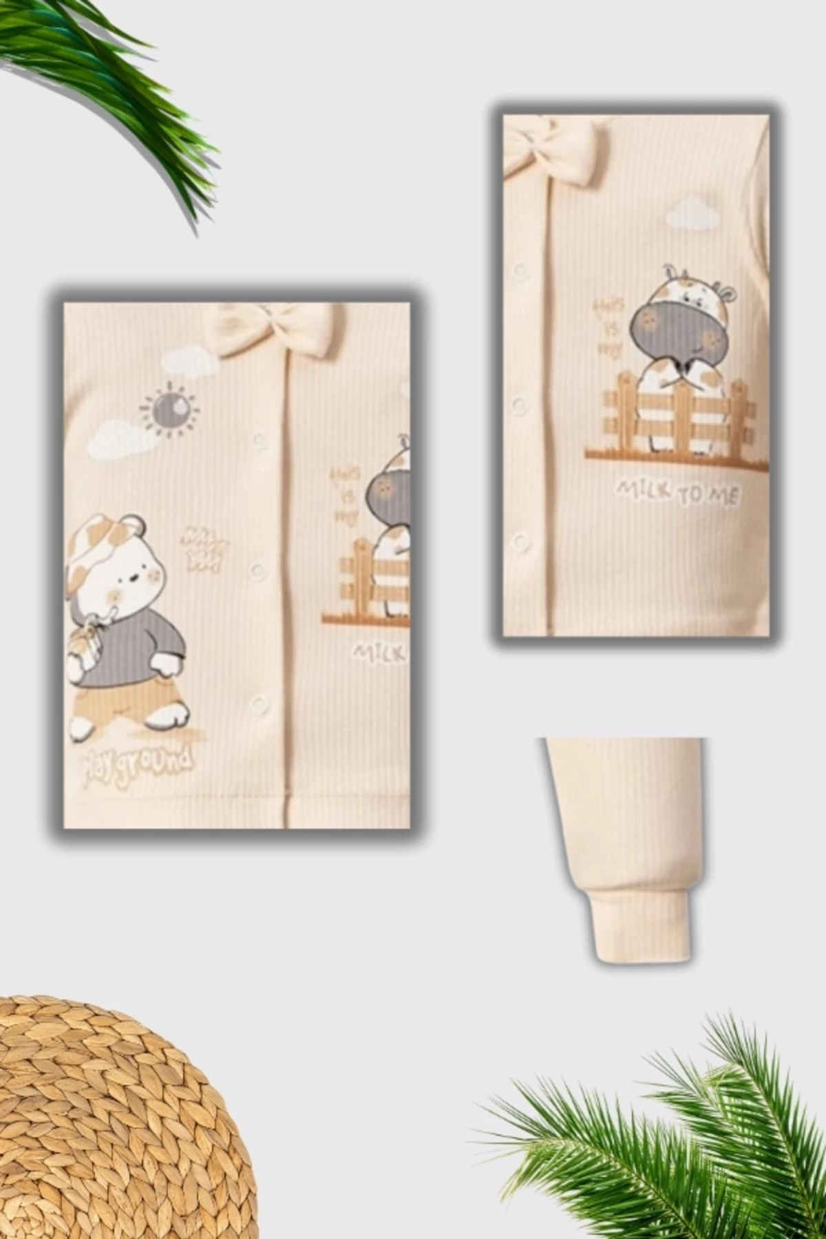 %100 Pamuklu İnek-Ayıcık Figür Baskılı Bebek Alt Üst Takım