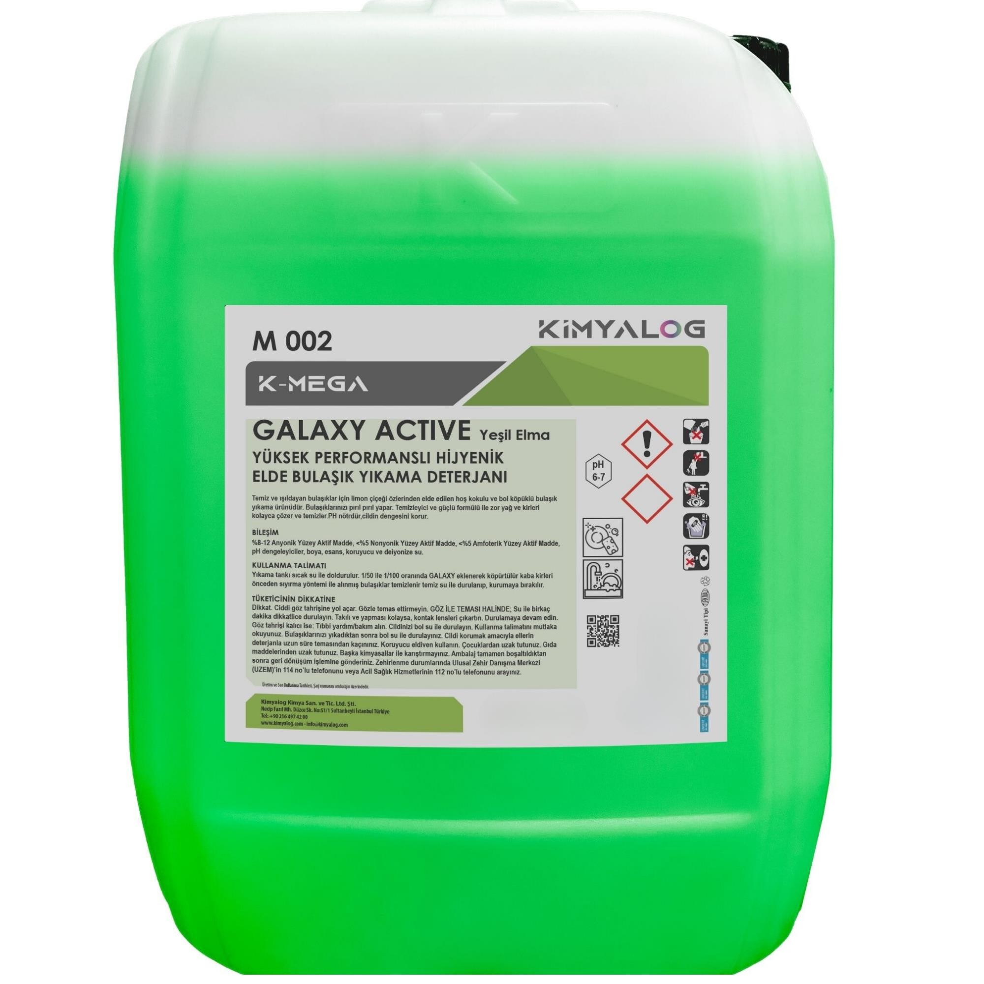 Kimyalog K-Mega Galaxy Active  Yüksek Performanslı Elde Bulaşık Yıkama Deterjanı Yeşil Elma 5 Lt