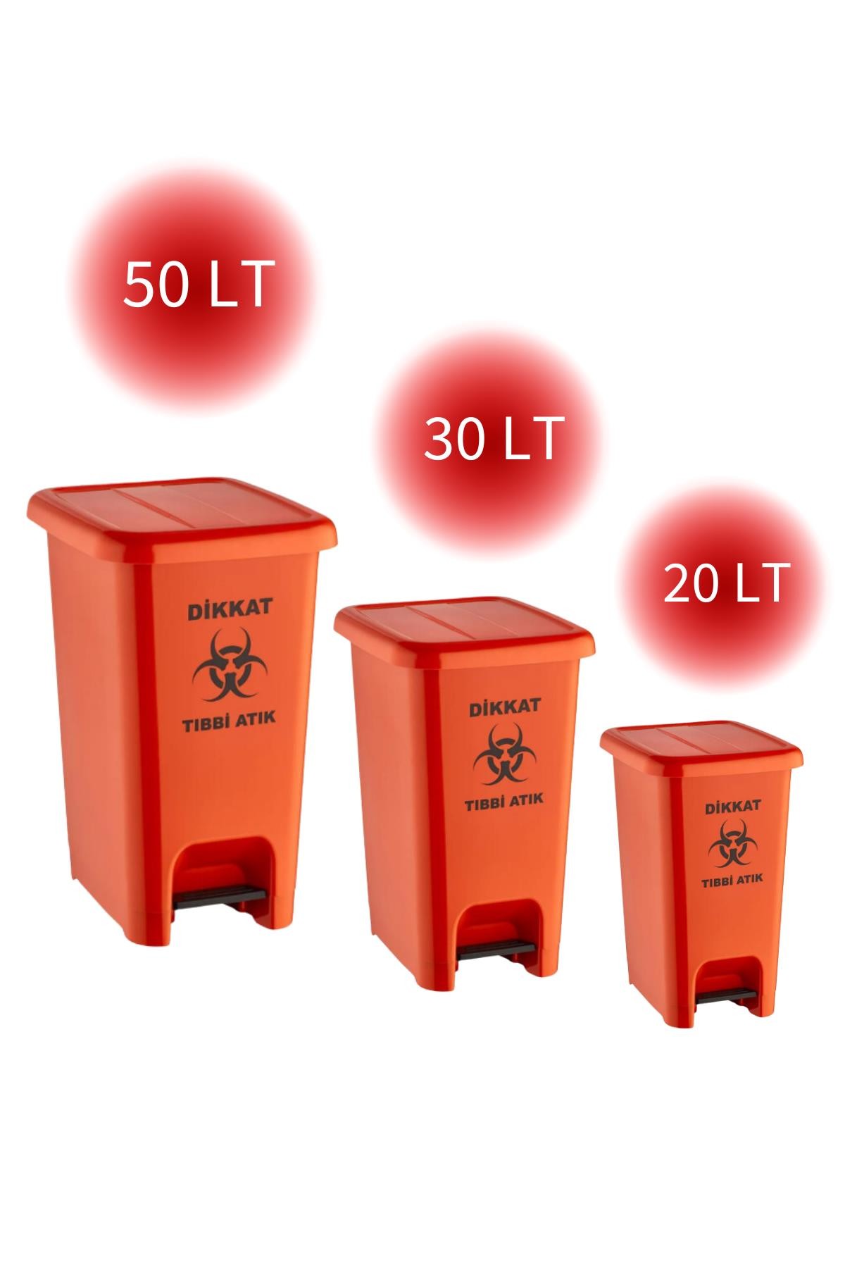 Pratik Kapak Pro Turuncu Slim Pedallı Tıbbi Atık 3'Lü Set Kovası 20 LT - 30 LT - 50 LT
