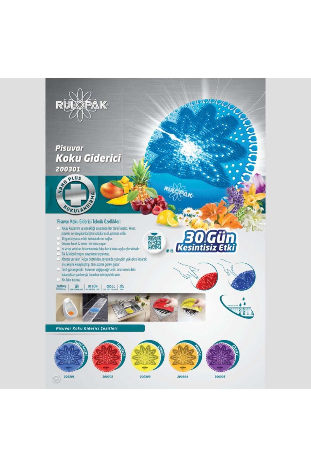 Pisuvar Süzgeci Koku Giderici 4 Adet Tropikal (55gr.Büyük Boy Rulopak Logolu)