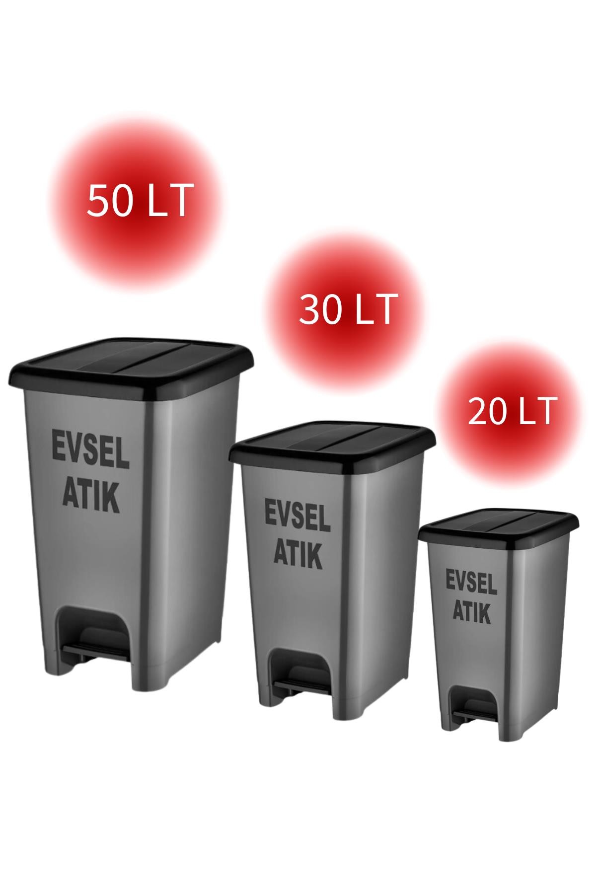 Pratik Kapak Pro Gri Slim Pedallı Evsel Atık 3'Lü Set Kovası 20 LT - 30 LT - 50 LT