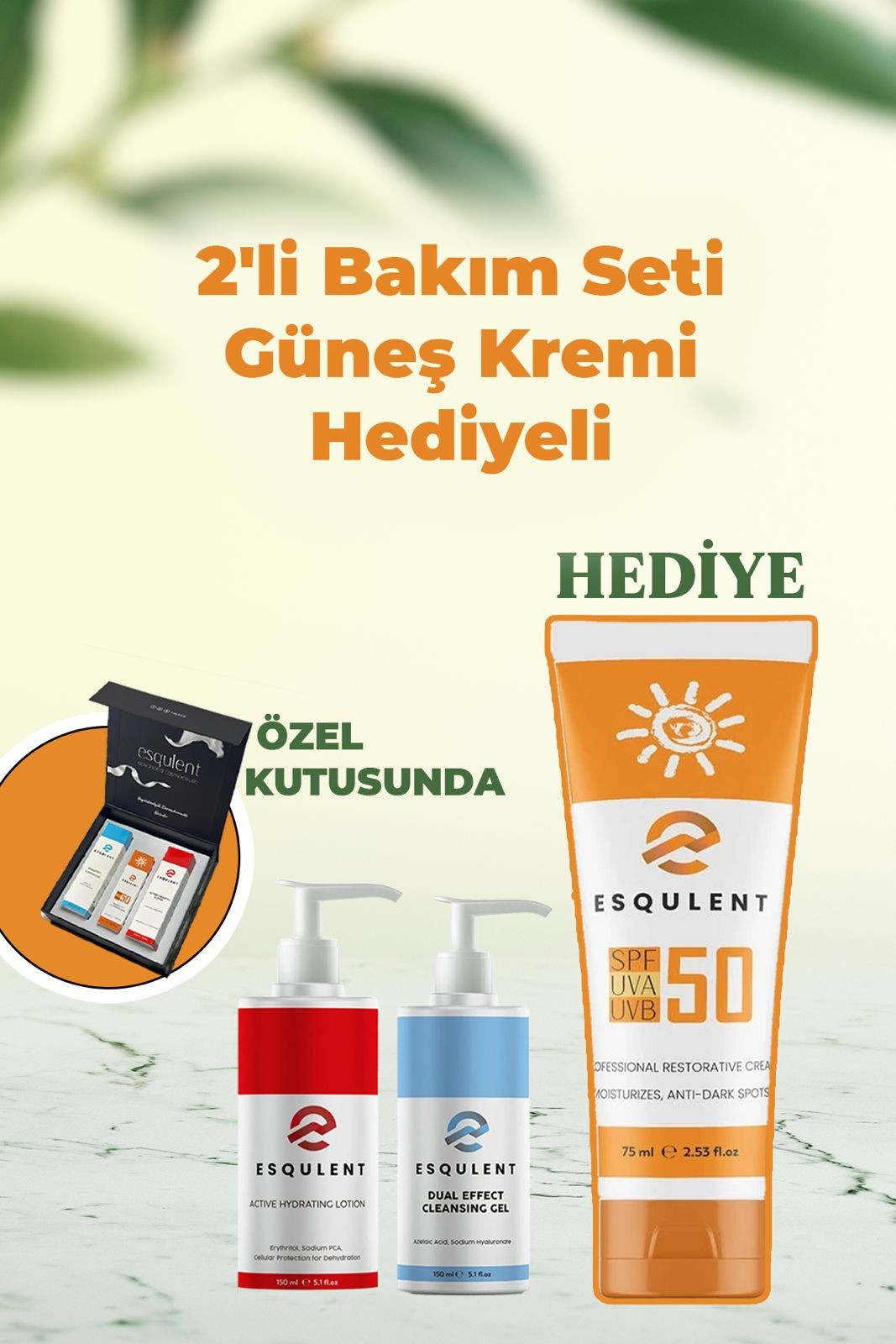 Esqulent 2’li Cilt Bakım Seti (Cilt Temizleyici, Cilt Nemlendirici) + Güneş Kremi Spf 50+ Hediyeli
