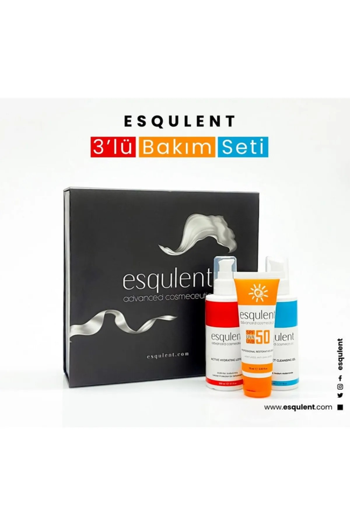  Esqulent 3'lü Cilt Bakım Seti (Cilt Temizleyici, Cilt Nemlendirici, Güneş Kremi Spf 50+)