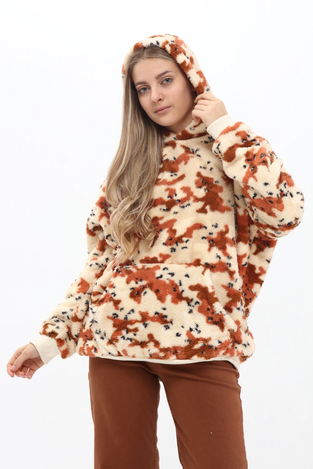 Unisex Oversize KAHVERENGİ Kapşonlu Peluş Sweatshirt