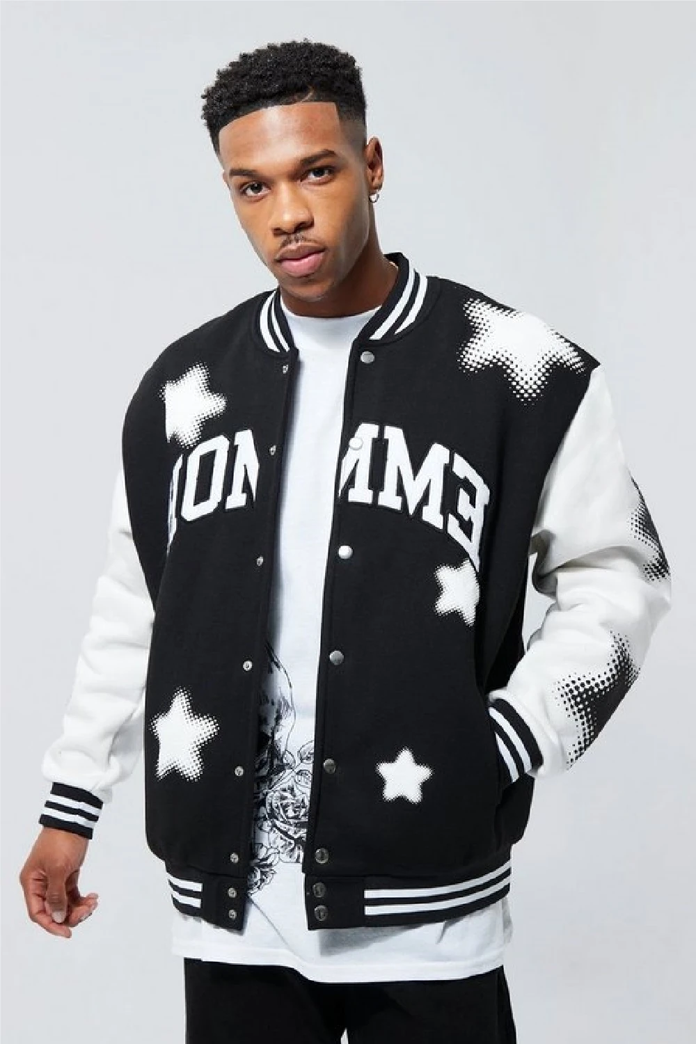 Unisex Oversize Siyah Homme Baskı & Nakiş Işlemeli Bomber Kolej Ceket