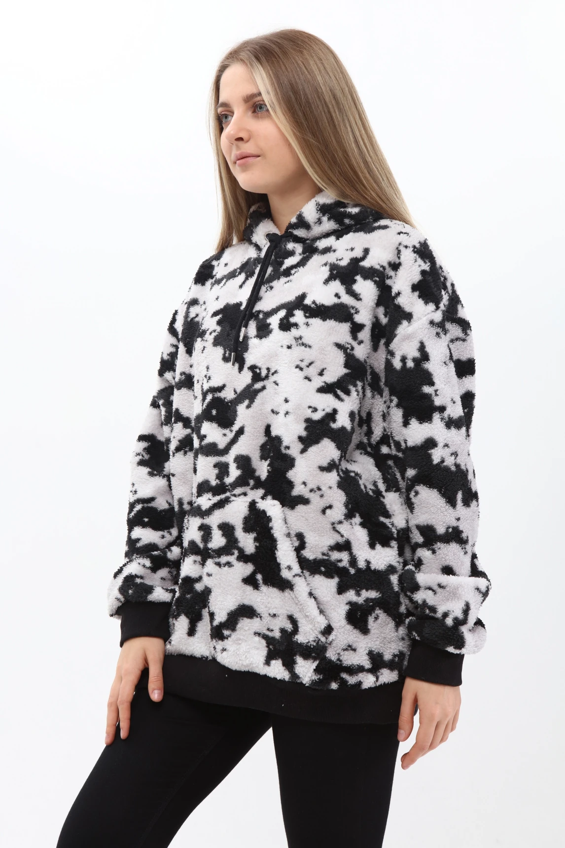 Unisex Oversize SİYAH Kamuflaj Desenli Kapşonlu Peluş Sweatshirt