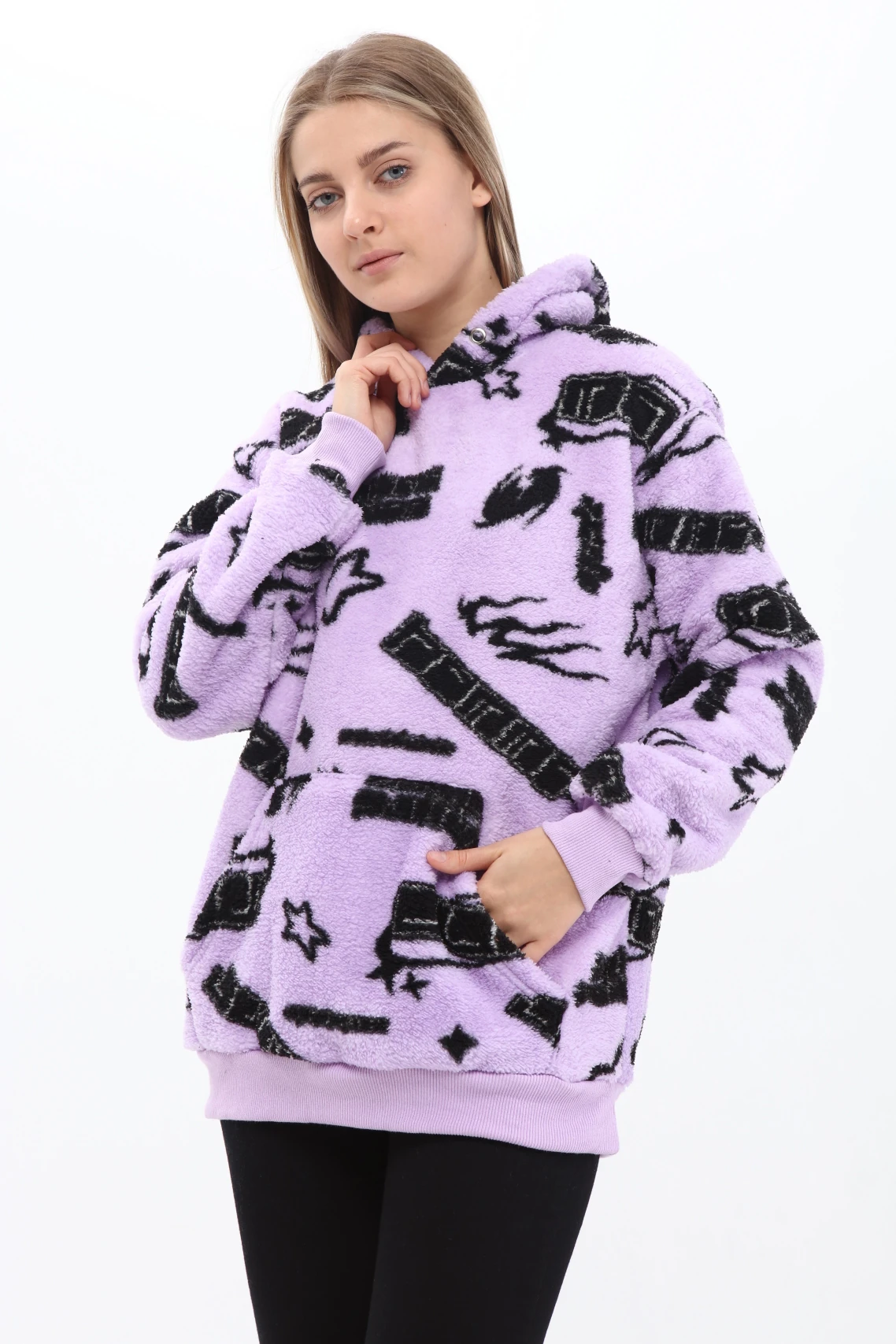 Unisex Oversize PEMBE Kapşonlu Peluş Sweatshirt