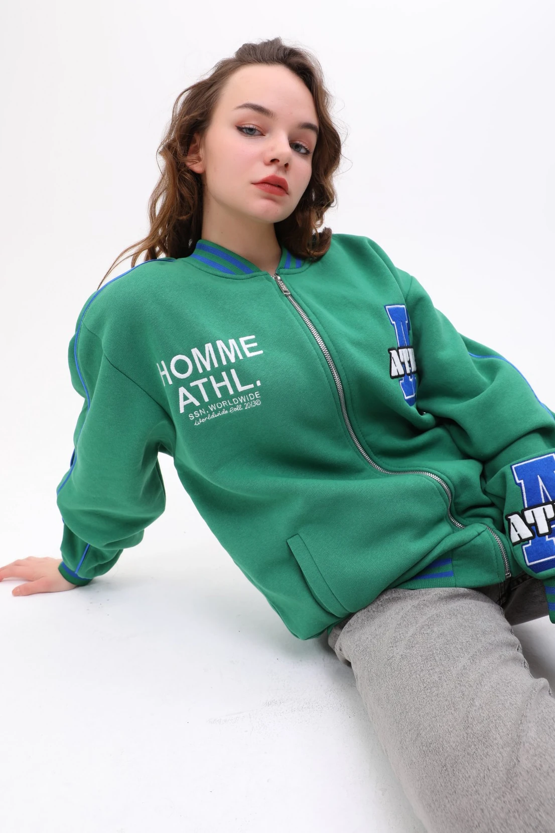 Unisex Oversize Yeşil ATHL Fermuarlı Bomber Kolej Ceket