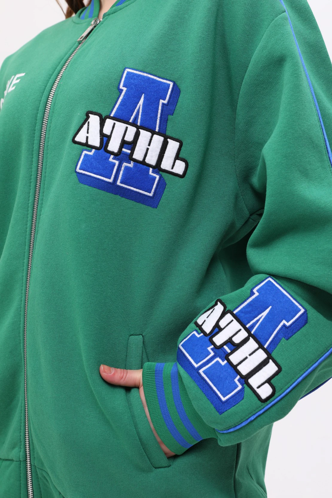 Unisex Oversize Yeşil ATHL Fermuarlı Bomber Kolej Ceket