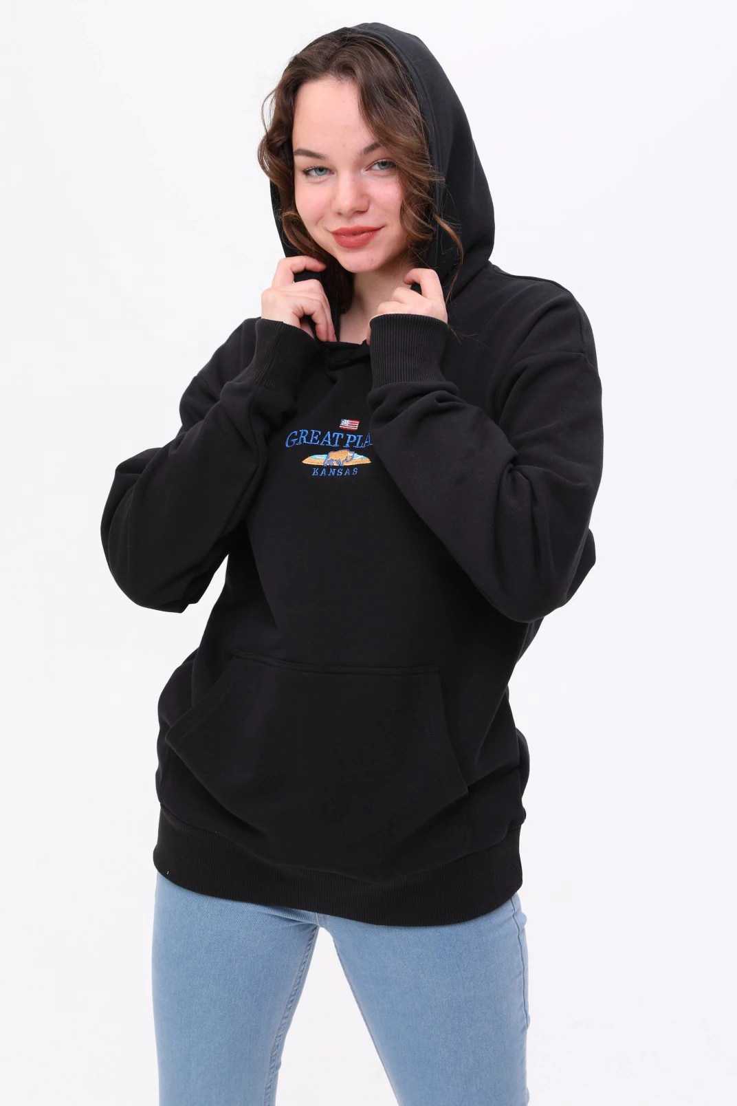 Unisex Oversize KANSAS Nakiş Işlemeli Kapşonlu Sweatshirt