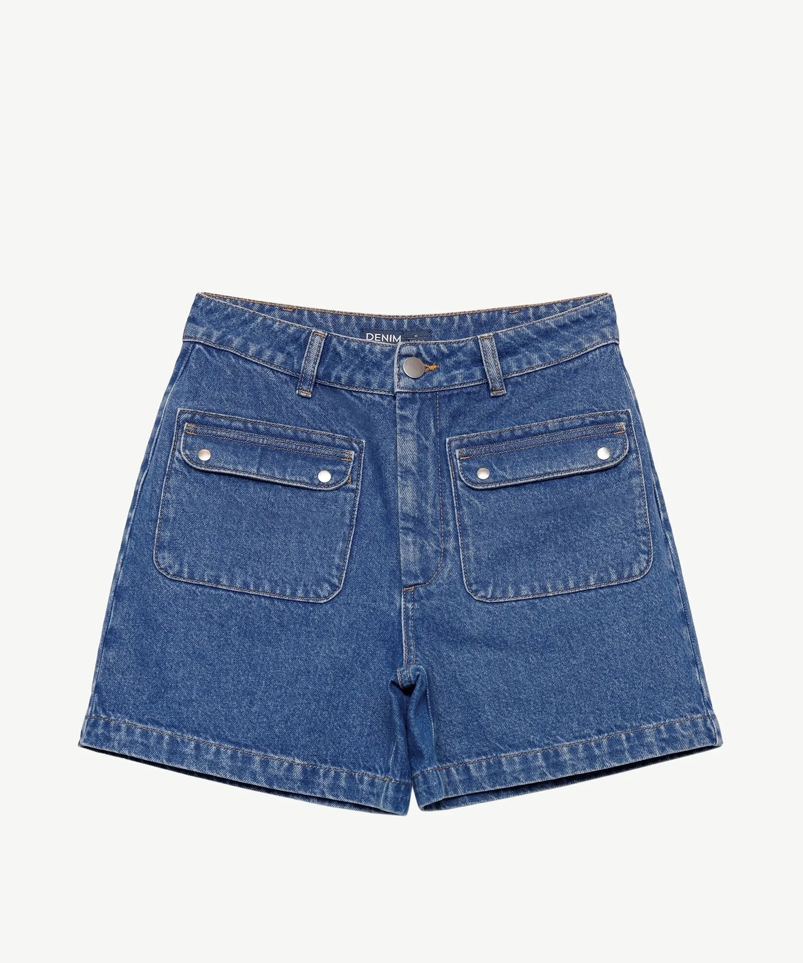 Yüksek Bel Ön Cep Detaylı Denim Mavi Şort