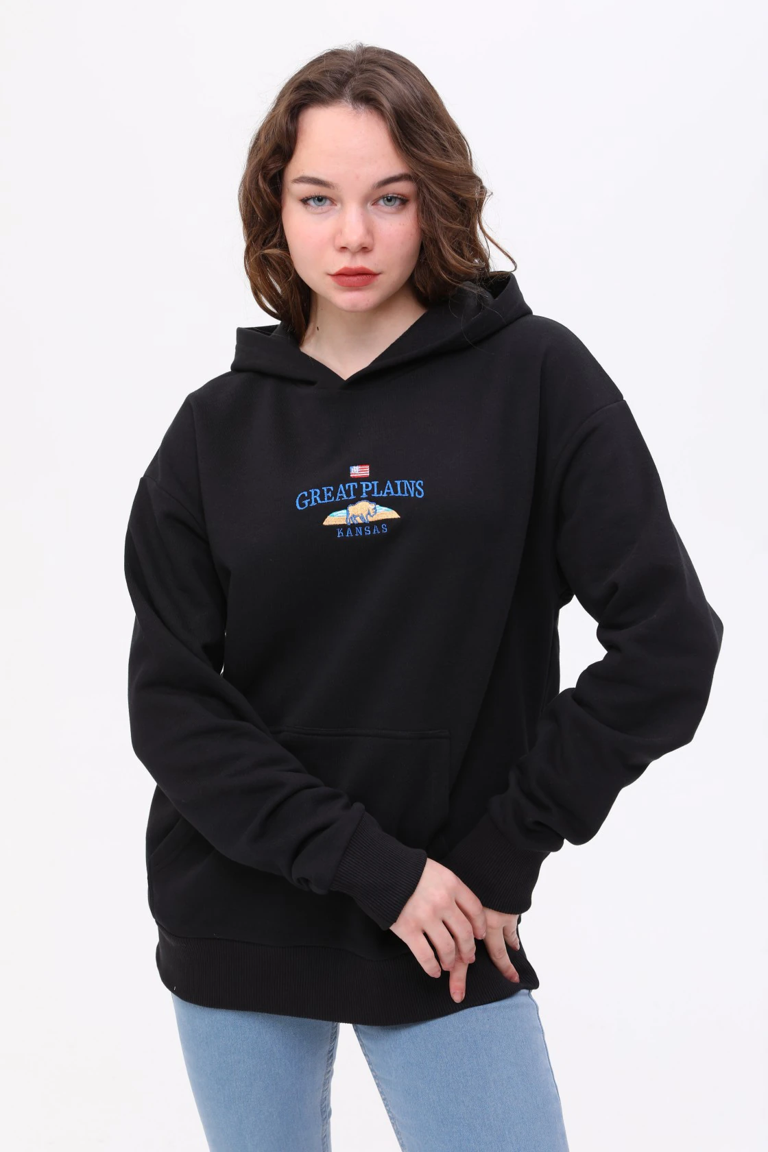 Unisex Oversize KANSAS Nakiş Işlemeli Kapşonlu Sweatshirt