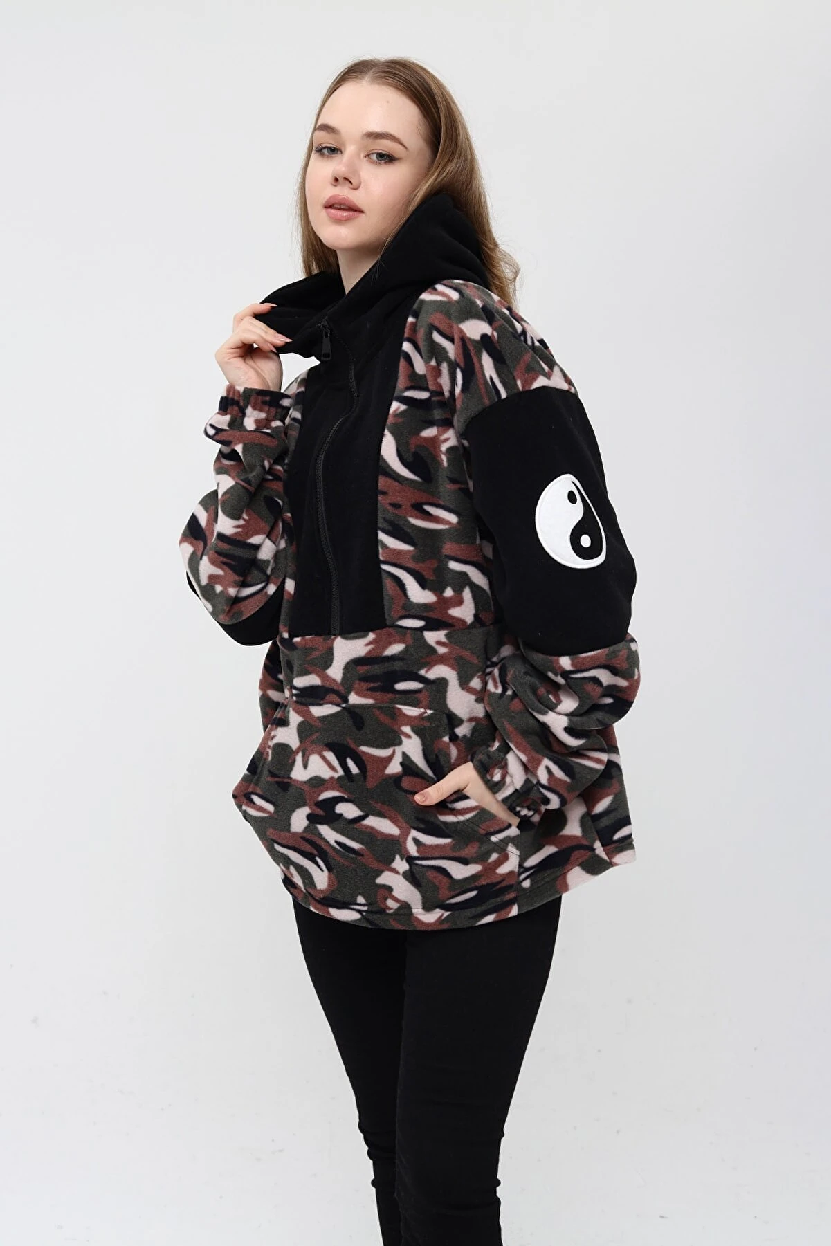 Unisex Oversize Kamuflaj Polar Fermuarlı Kapşonlu Sweatshirt