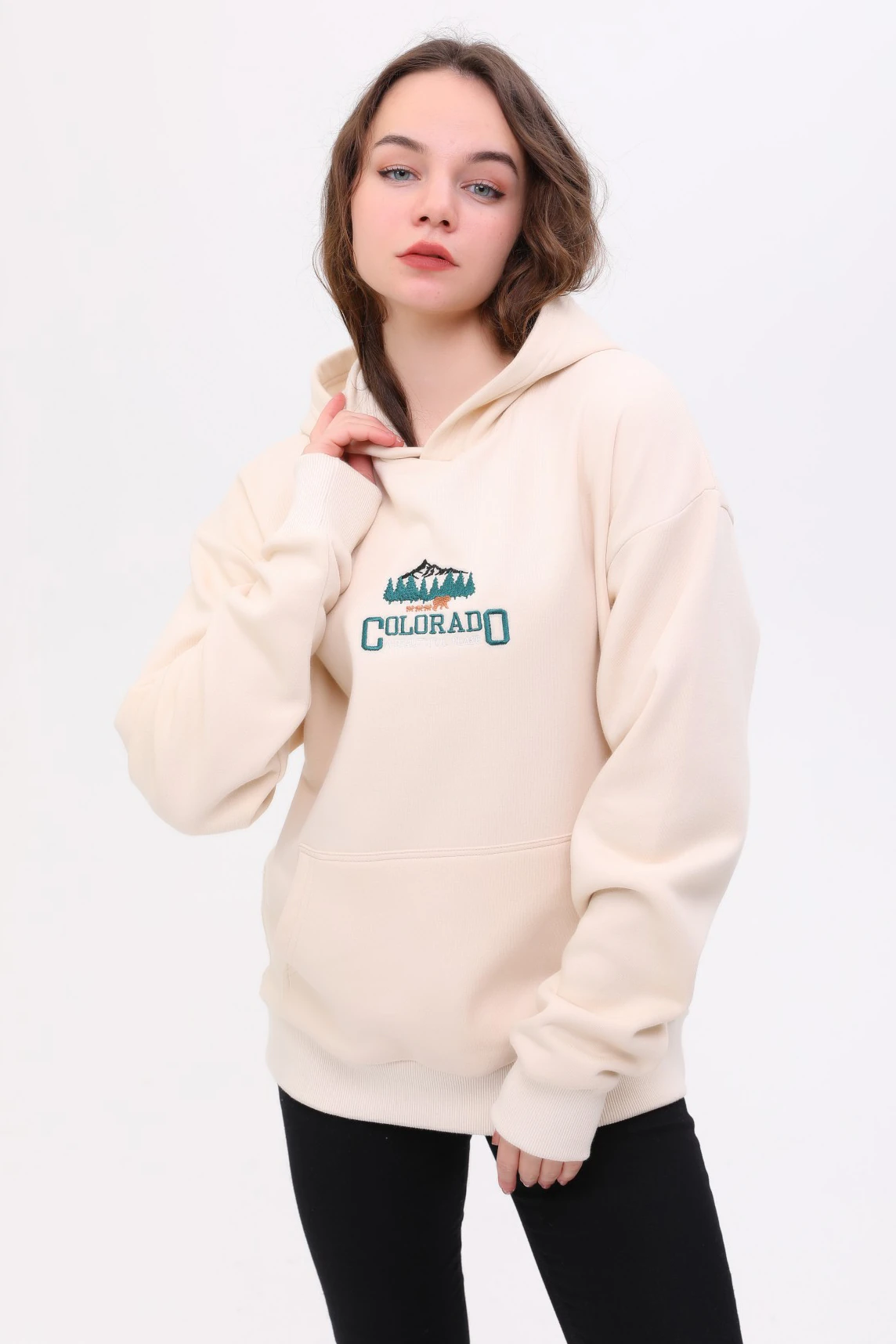 Unisex Oversize COLORADO Nakiş İşlemeli Kapşonlu Sweatshirt