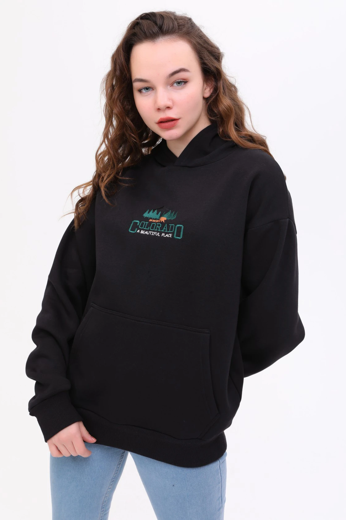 Unisex Oversize COLORADO Nakiş İşlemeli Kapşonlu Sweatshirt