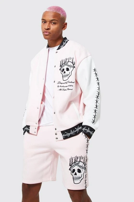 Unisex Oversize Pembe Kabaran Baskılı Bomber Kolej Ceket 