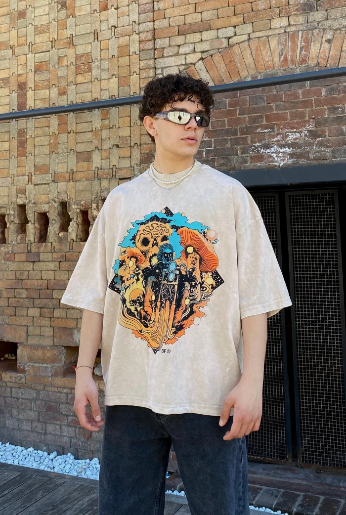Unisex Oversize Graphic Baskılı Sand T-Shirt