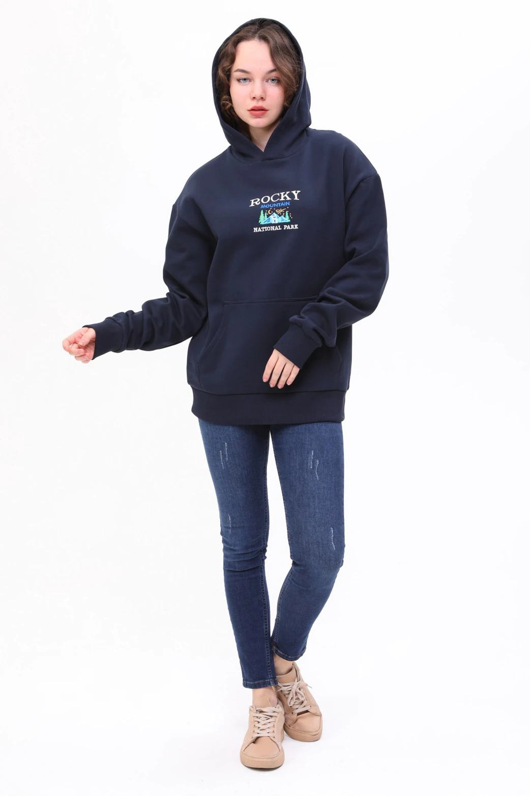 Unisex Oversize ROCKY Nakiş Işlemeli Kapşonlu Sweatshirt