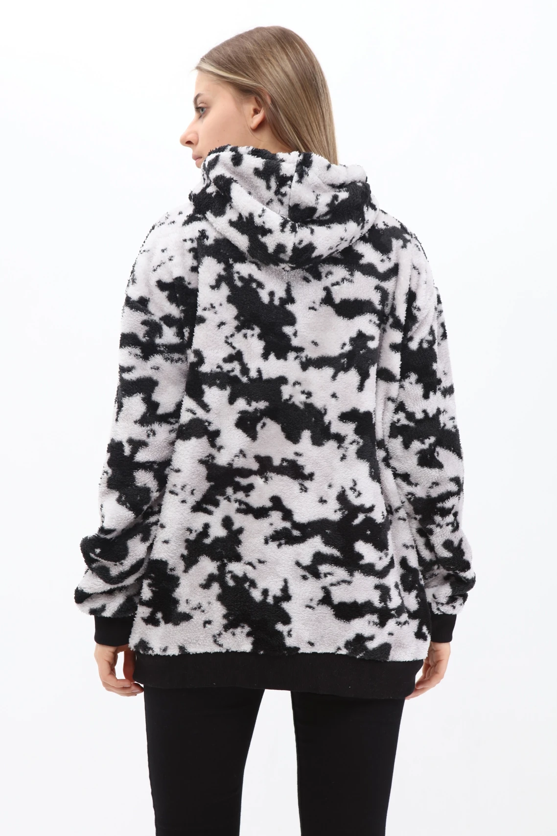 Unisex Oversize SİYAH Kamuflaj Desenli Kapşonlu Peluş Sweatshirt