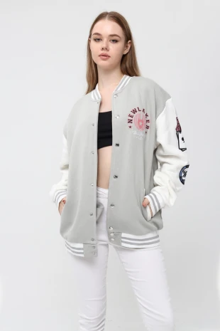 Unisex Oversize Gri&Beyaz Bomber Kolej Ceket
