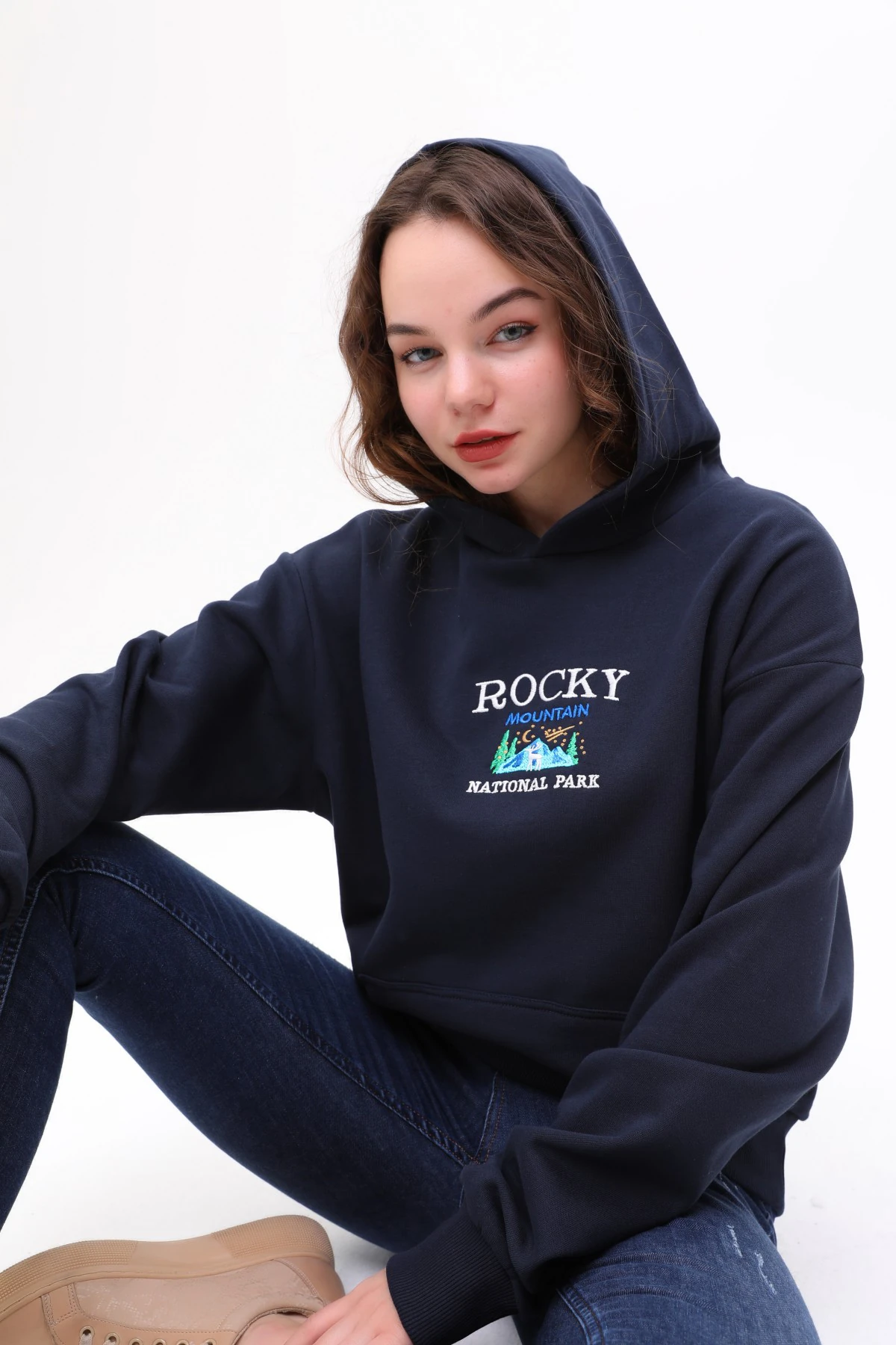 Unisex Oversize ROCKY Nakiş Işlemeli Kapşonlu Sweatshirt