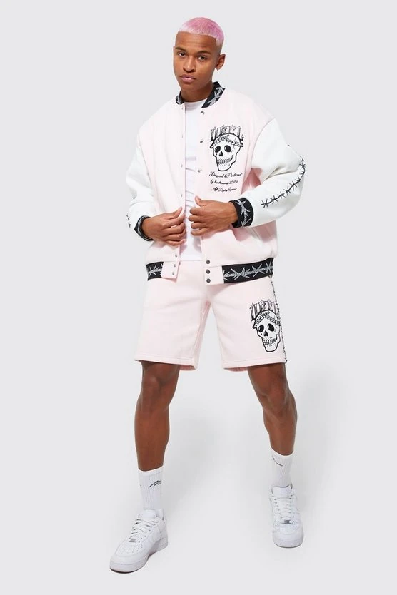 Unisex Oversize Pembe Kabaran Baskılı Bomber Kolej Ceket 