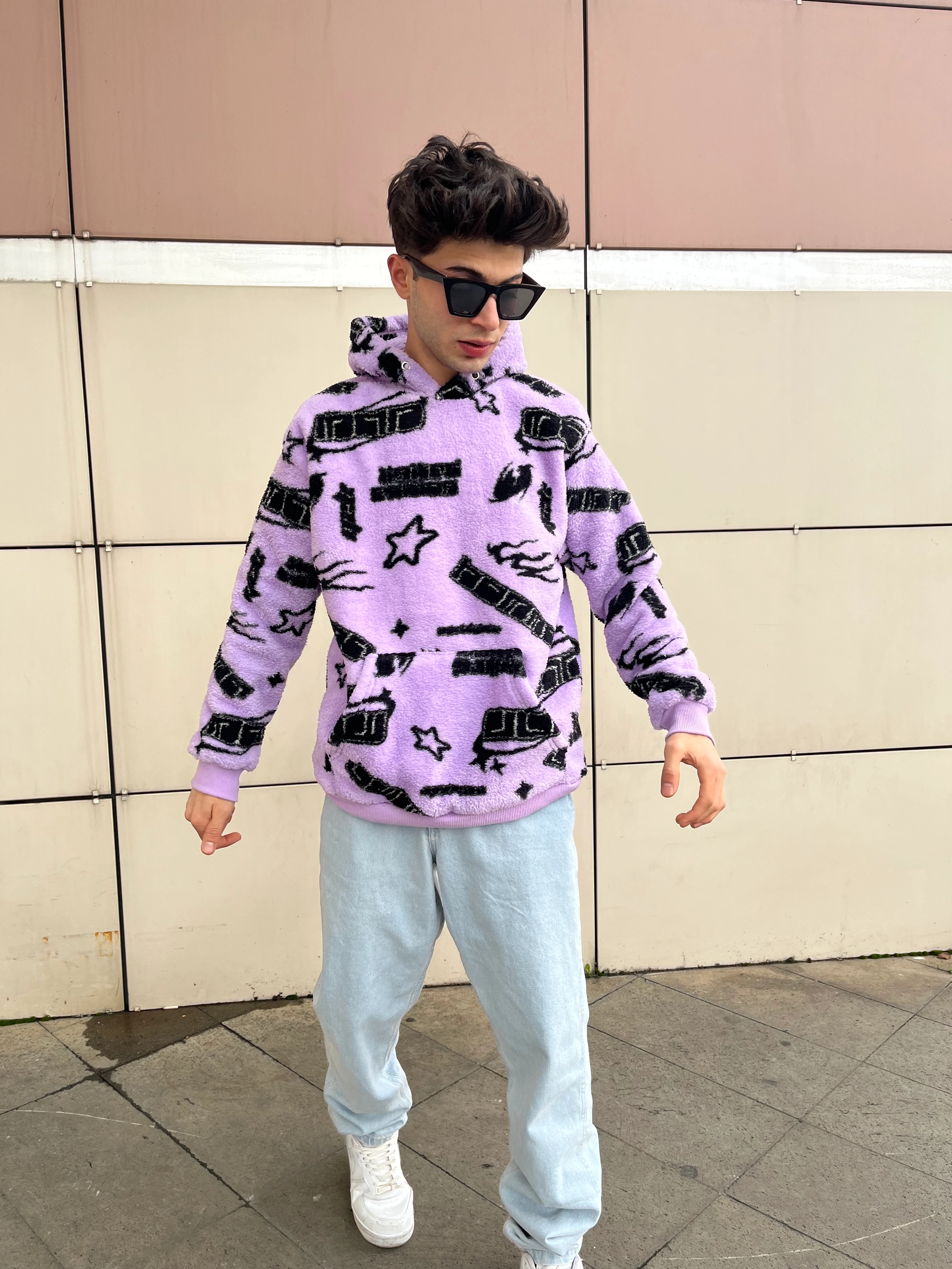 Unisex Oversize PEMBE Kapşonlu Peluş Sweatshirt