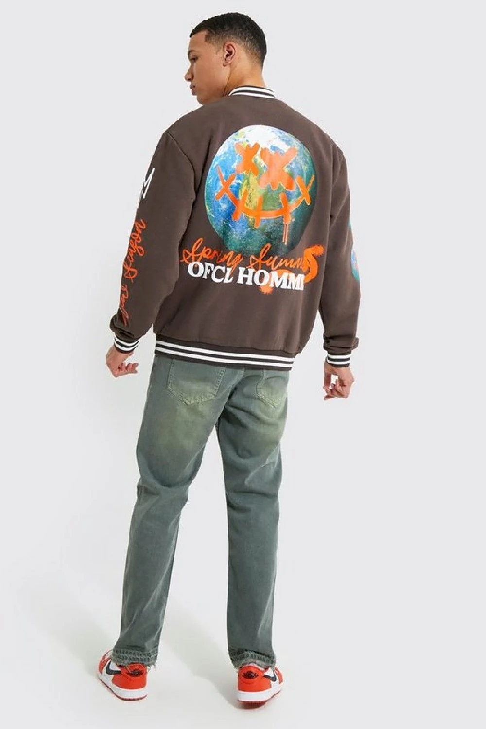 Unisex Oversize Baskılı Kahverengi Bomber Kolej Ceket