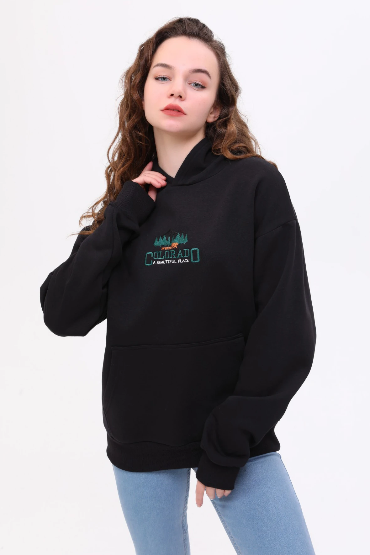 Unisex Oversize COLORADO Nakiş İşlemeli Kapşonlu Sweatshirt