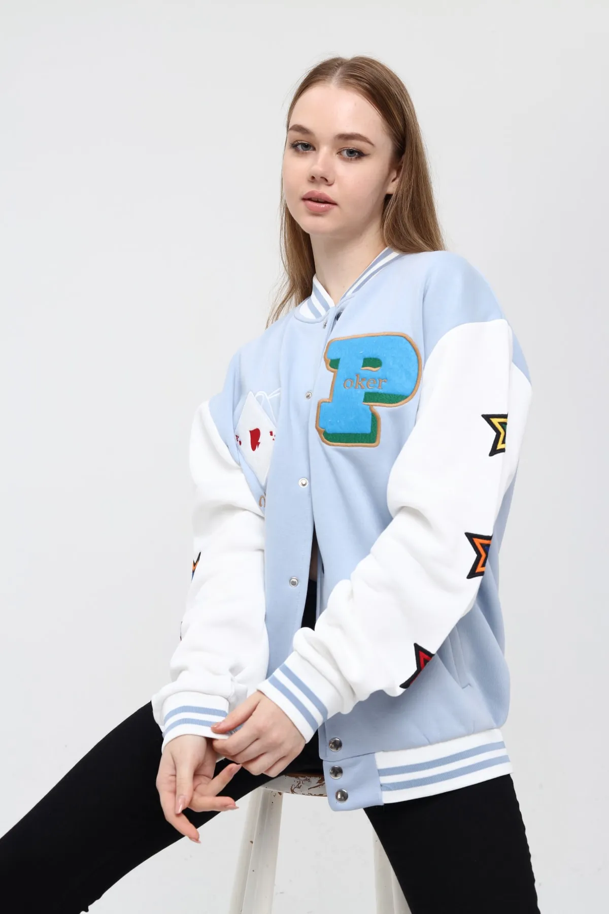  Unisex Oversize Mavi Poker Bomber Kolej Ceket