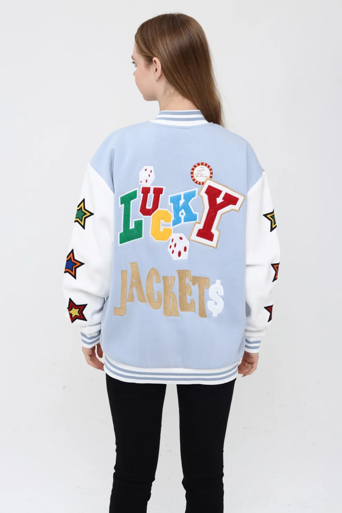  Unisex Oversize Mavi Poker Bomber Kolej Ceket