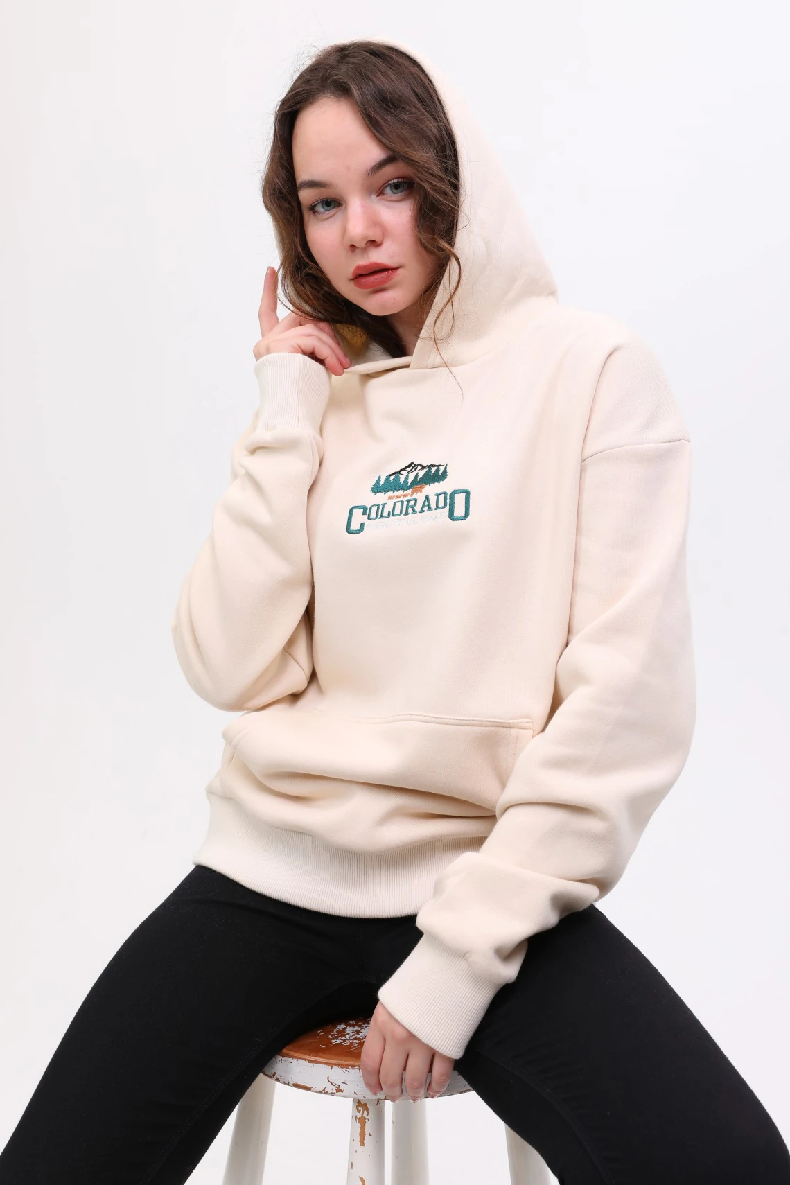 Unisex Oversize COLORADO Nakiş İşlemeli Kapşonlu Sweatshirt