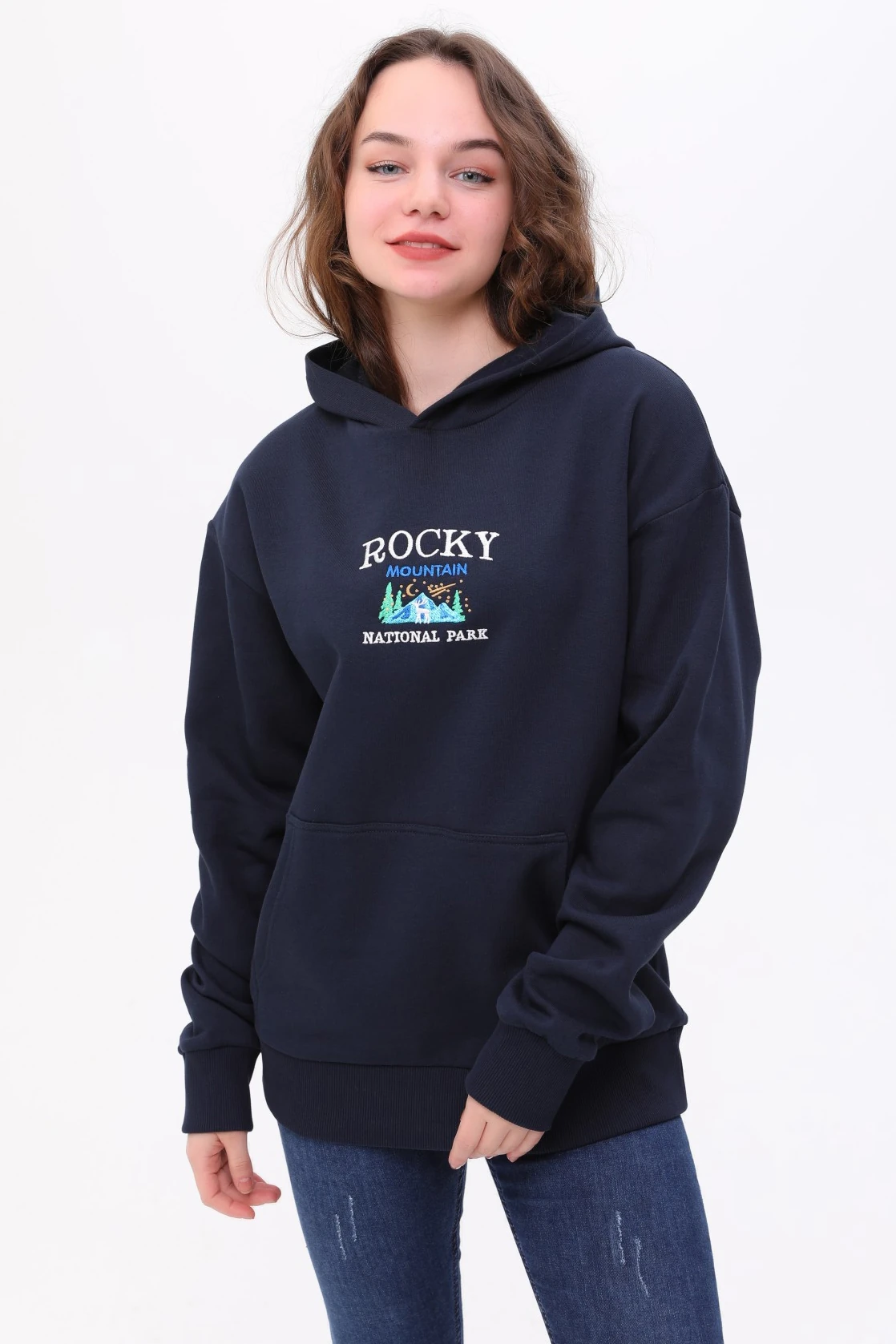 Unisex Oversize ROCKY Nakiş Işlemeli Kapşonlu Sweatshirt
