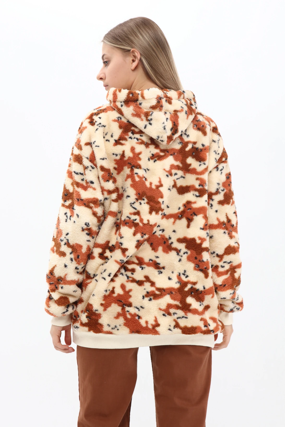 Unisex Oversize KAHVERENGİ Kapşonlu Peluş Sweatshirt