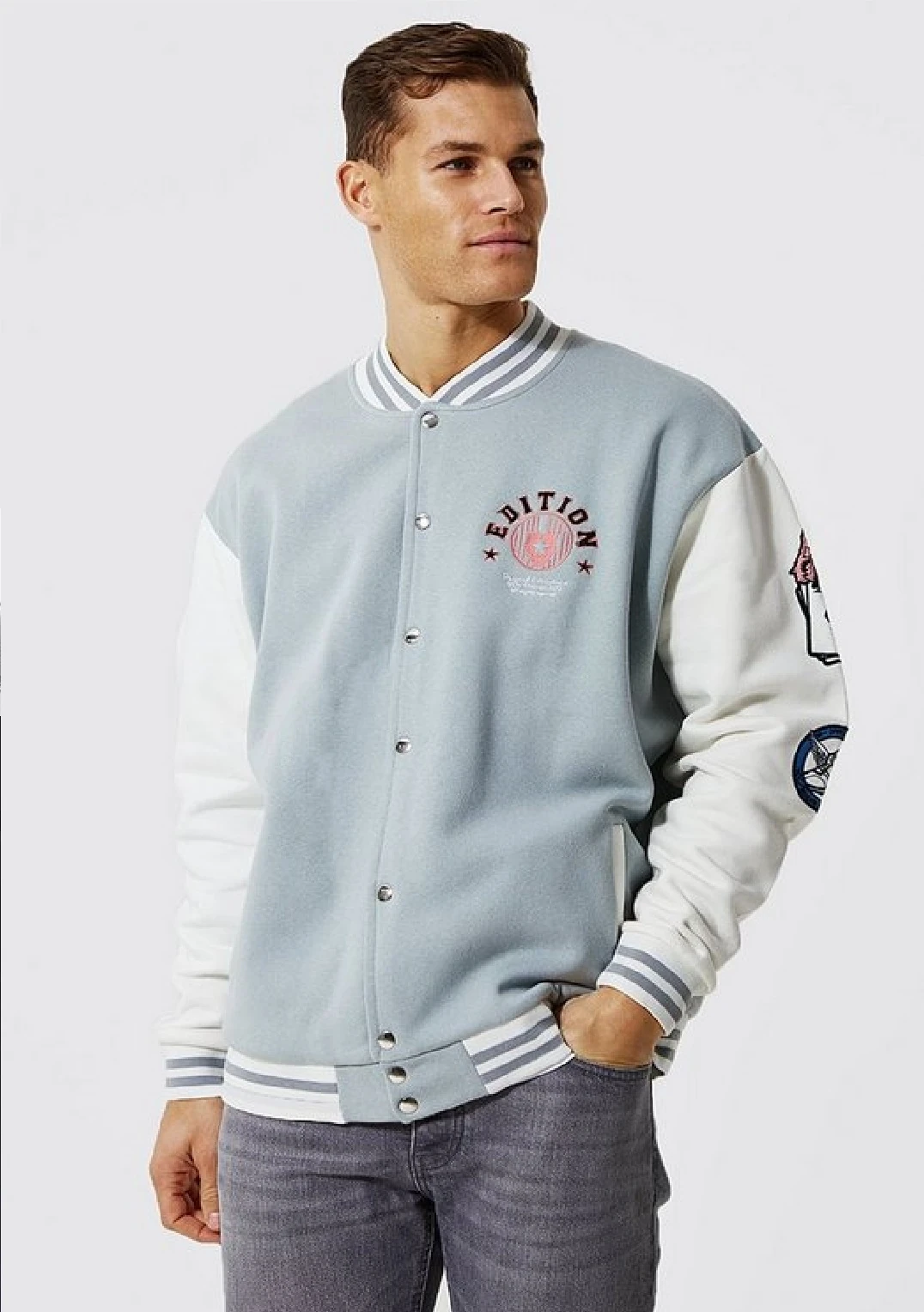 Unisex Oversize Gri&Beyaz Bomber Kolej Ceket