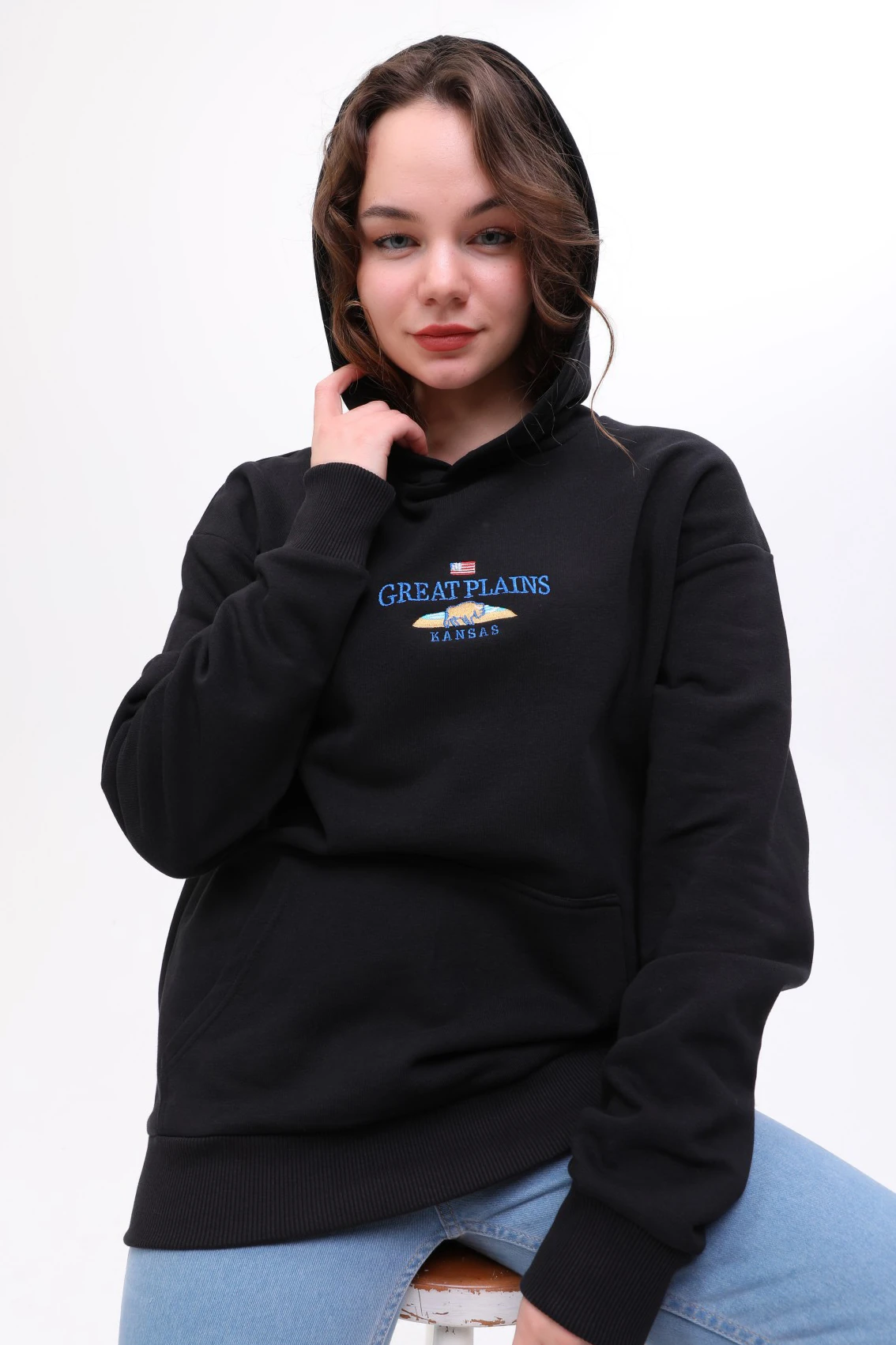 Unisex Oversize KANSAS Nakiş Işlemeli Kapşonlu Sweatshirt
