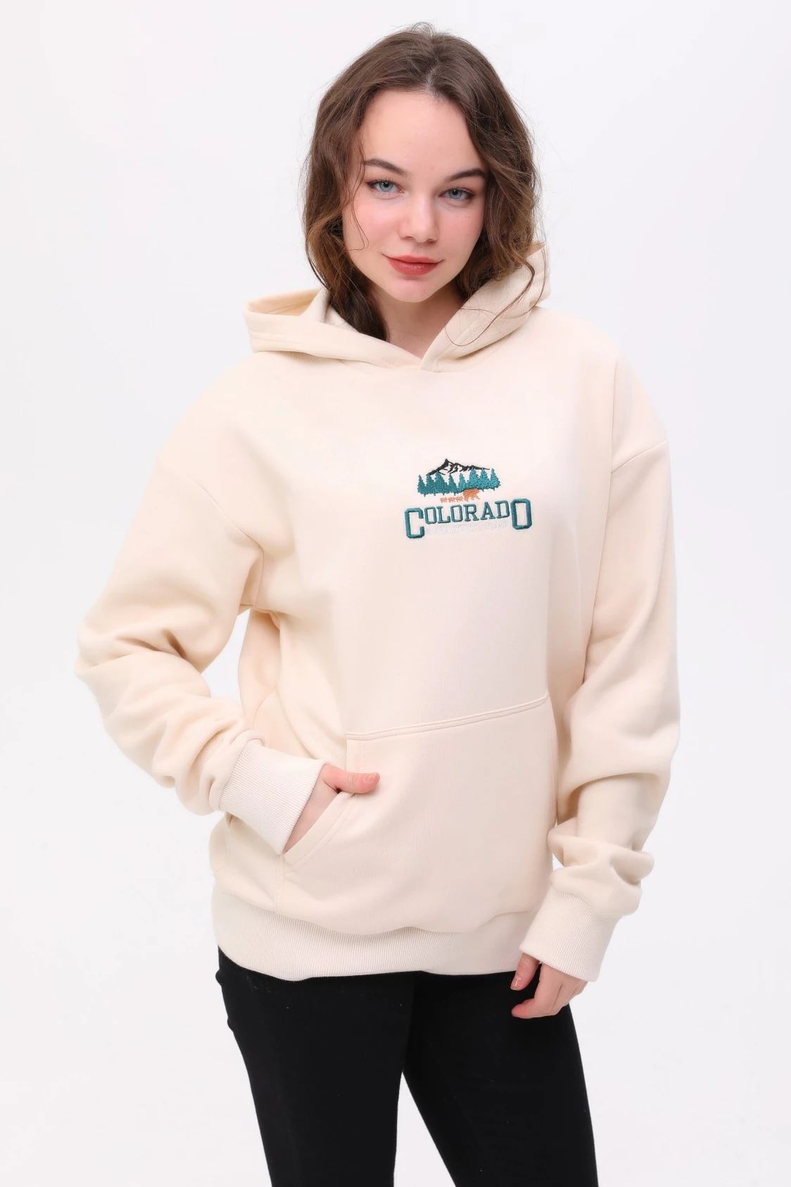 Unisex Oversize COLORADO Nakiş İşlemeli Kapşonlu Sweatshirt