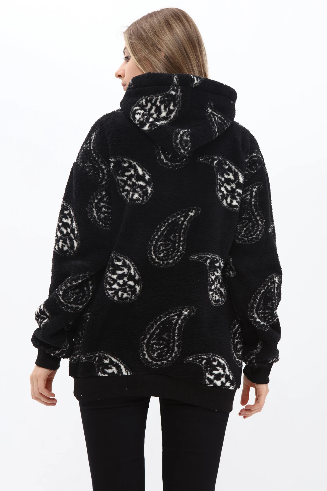 Unisex Oversize SİYAH Özel Desen İşlemeli Kapşonlu Peluş Sweatshirt