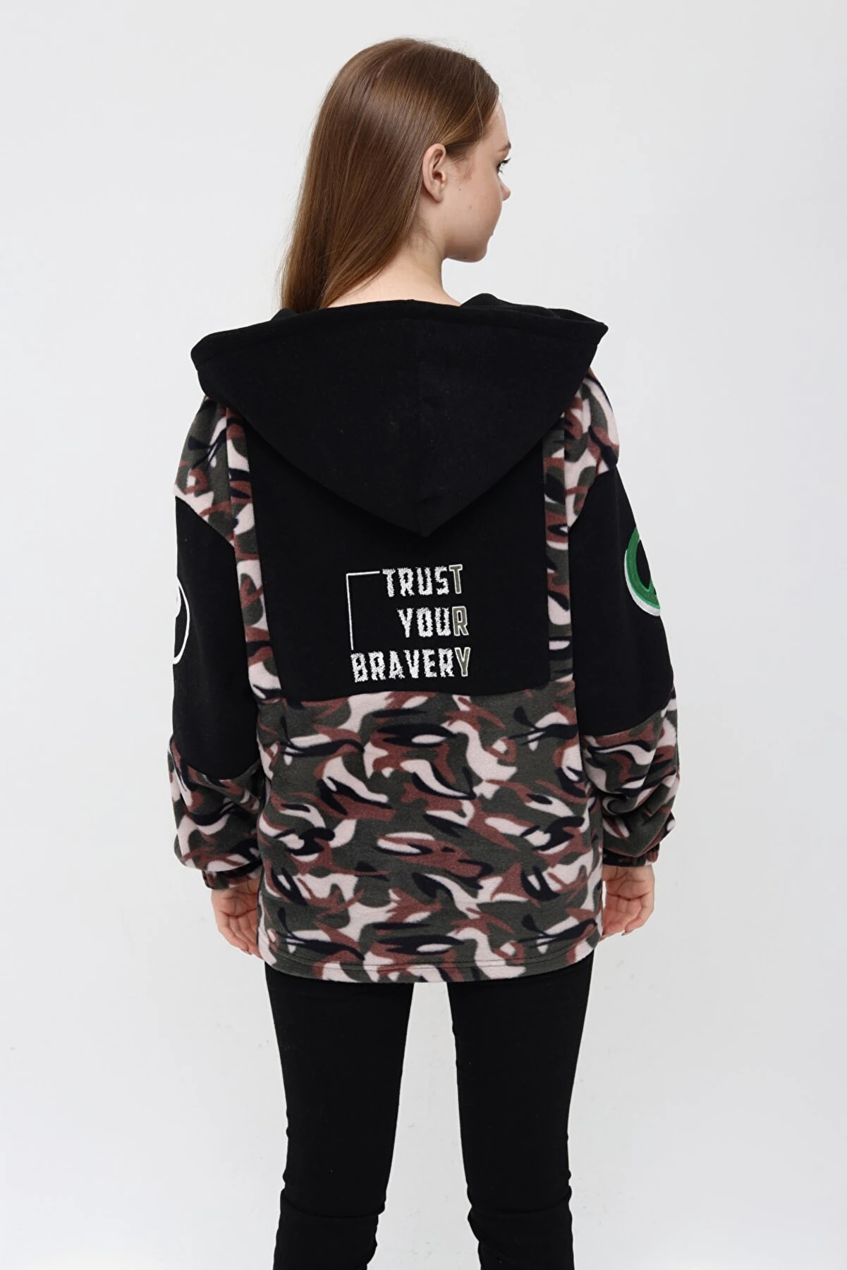 Unisex Oversize Kamuflaj Polar Fermuarlı Kapşonlu Sweatshirt