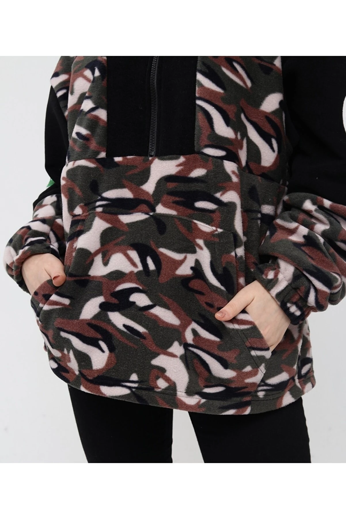 Unisex Oversize Kamuflaj Polar Fermuarlı Kapşonlu Sweatshirt