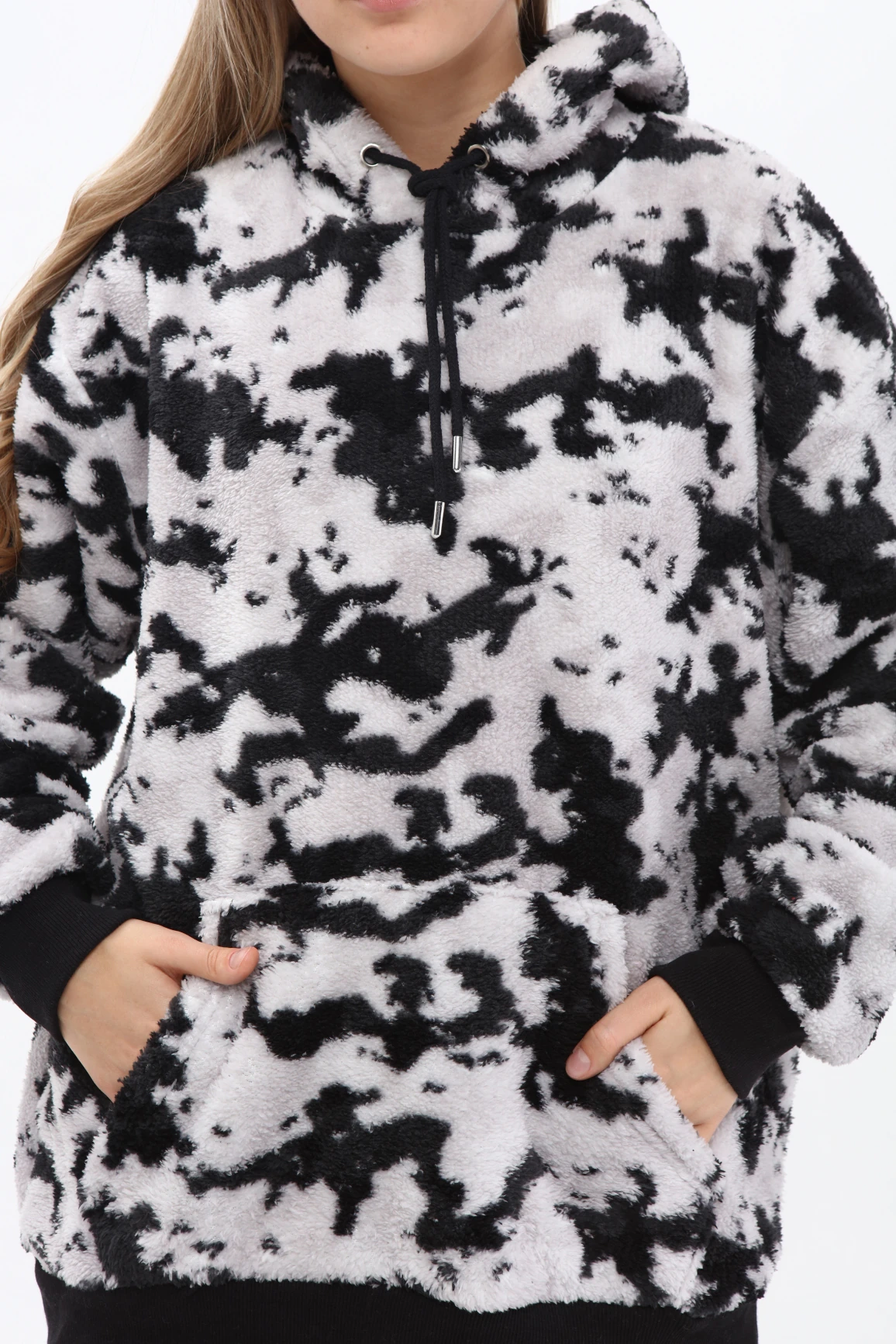 Unisex Oversize SİYAH Kamuflaj Desenli Kapşonlu Peluş Sweatshirt