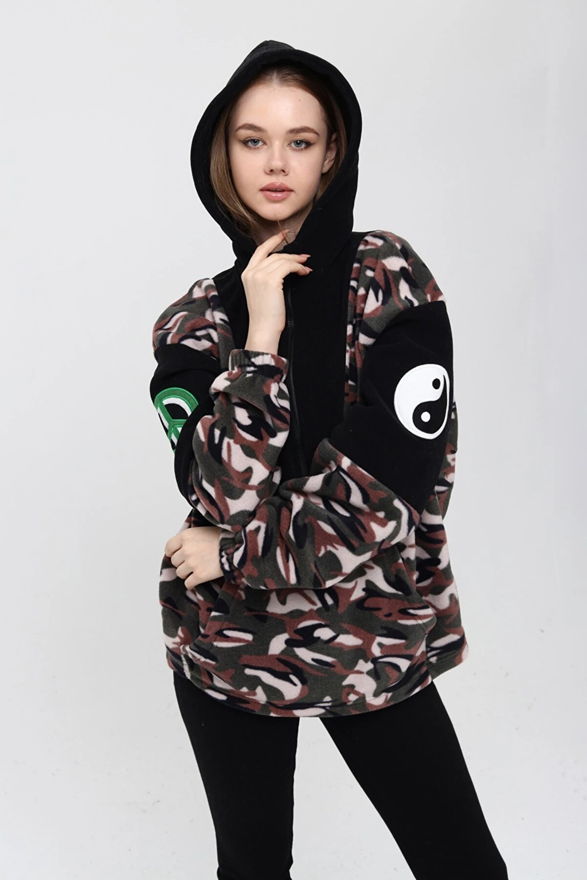 Unisex Oversize Kamuflaj Polar Fermuarlı Kapşonlu Sweatshirt