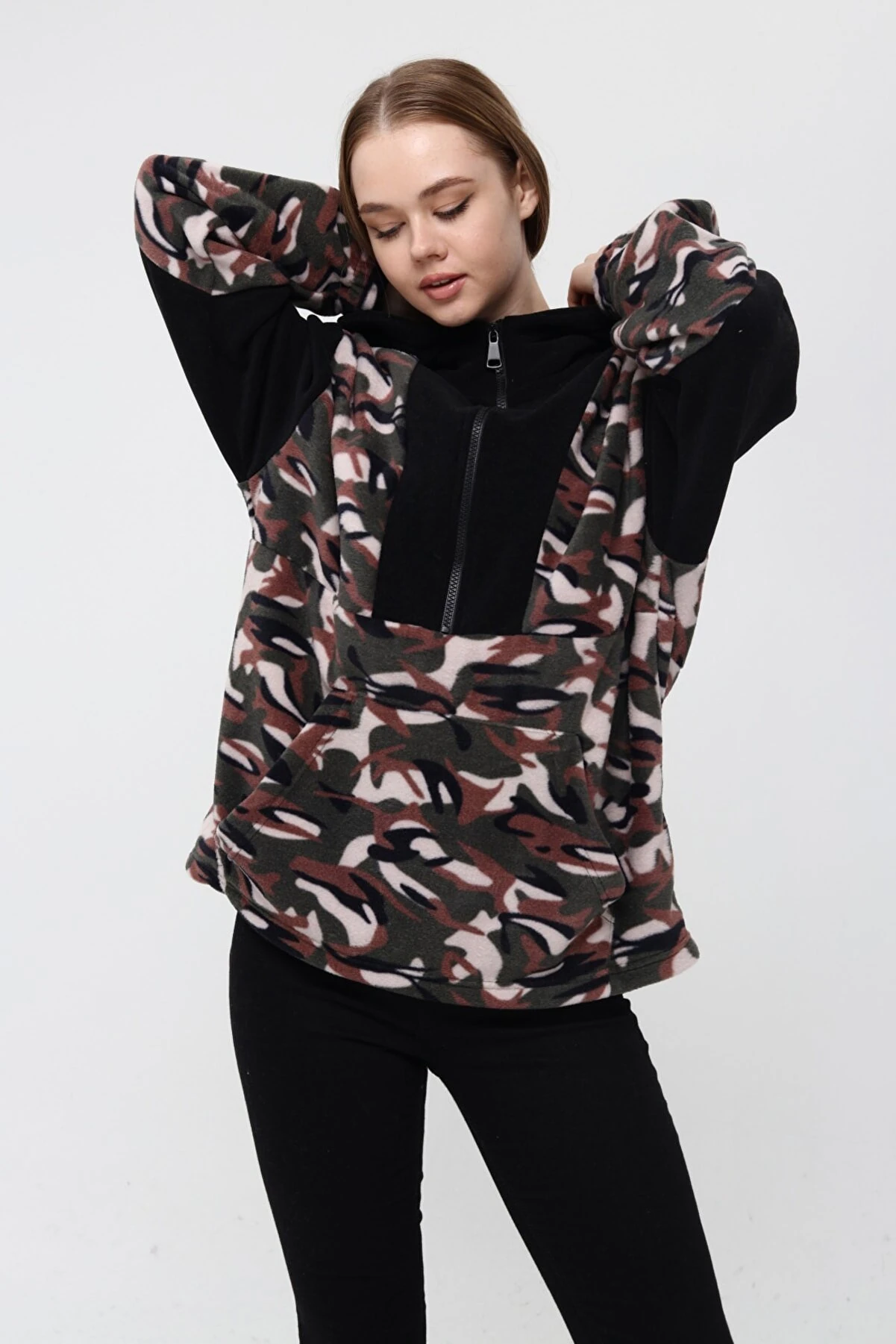 Unisex Oversize Kamuflaj Polar Fermuarlı Kapşonlu Sweatshirt