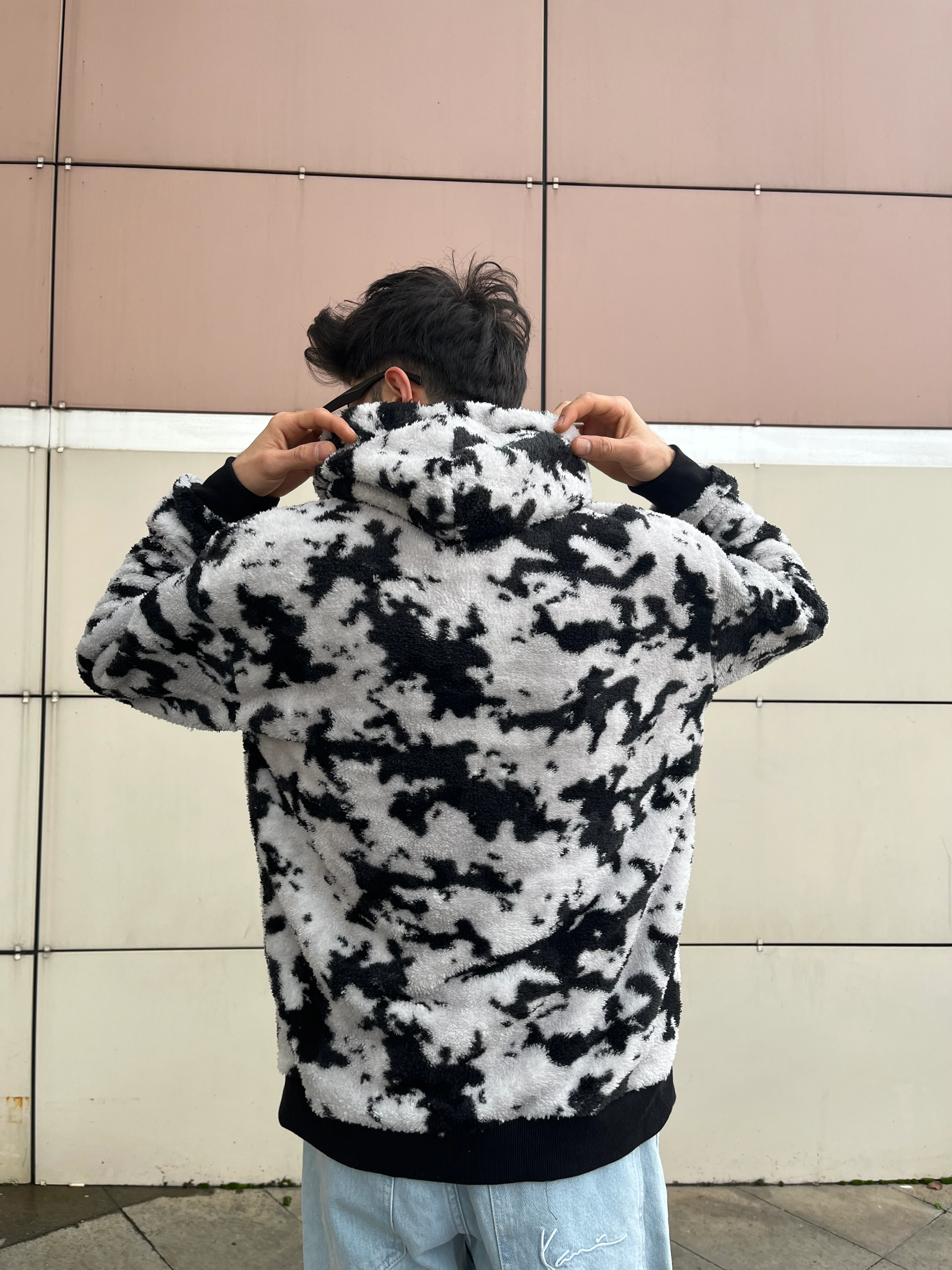 Unisex Oversize SİYAH Kamuflaj Desenli Kapşonlu Peluş Sweatshirt