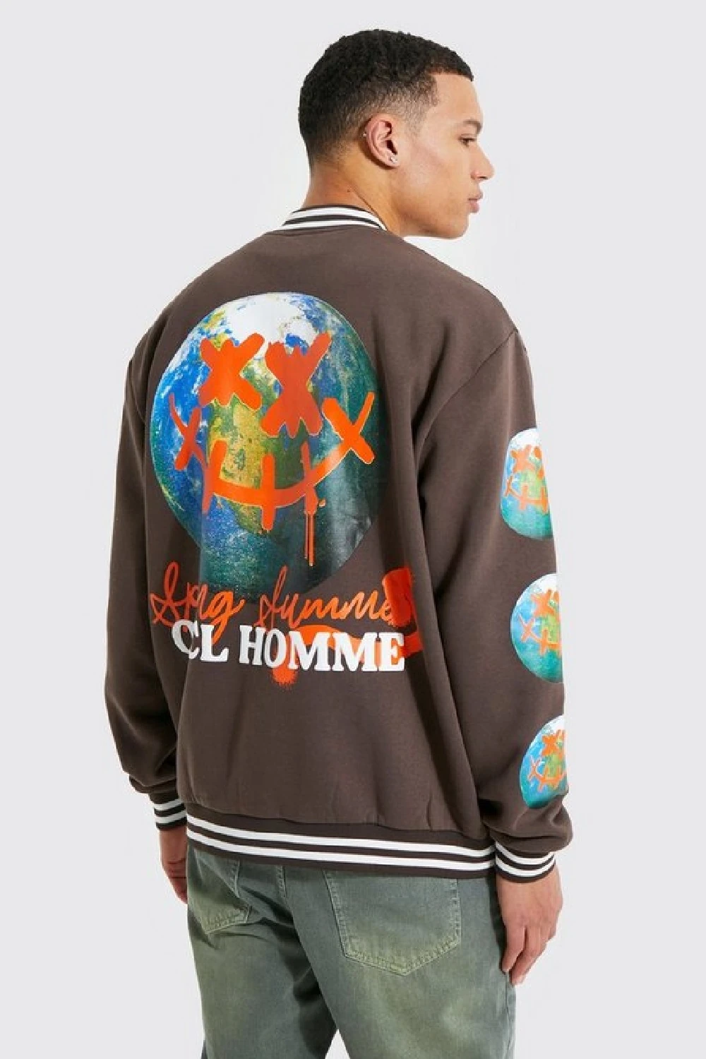 Unisex Oversize Baskılı Kahverengi Bomber Kolej Ceket