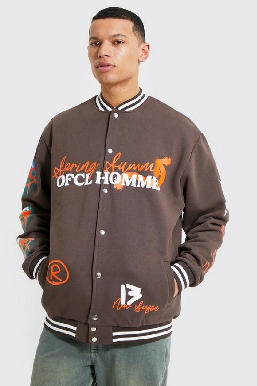 Unisex Oversize Baskılı Kahverengi Bomber Kolej Ceket