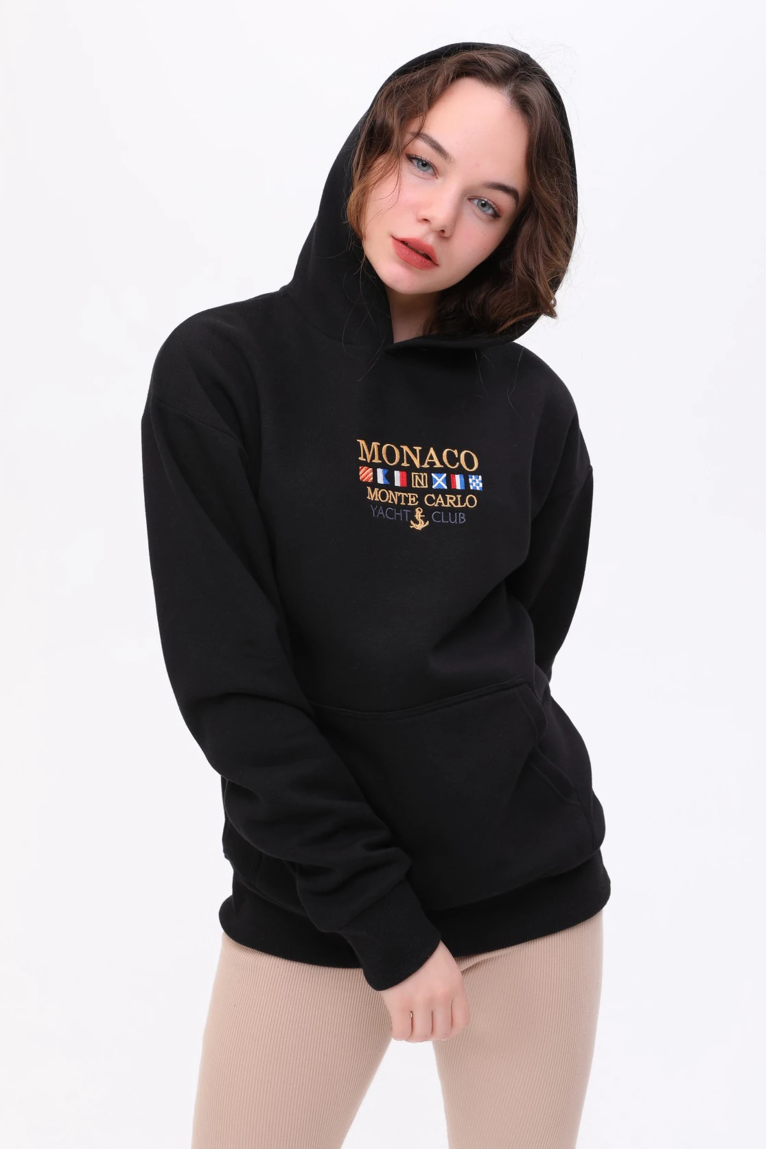 Unisex Oversize MONACO Nakiş İşlemeli Kapşonlu Sweatshirt